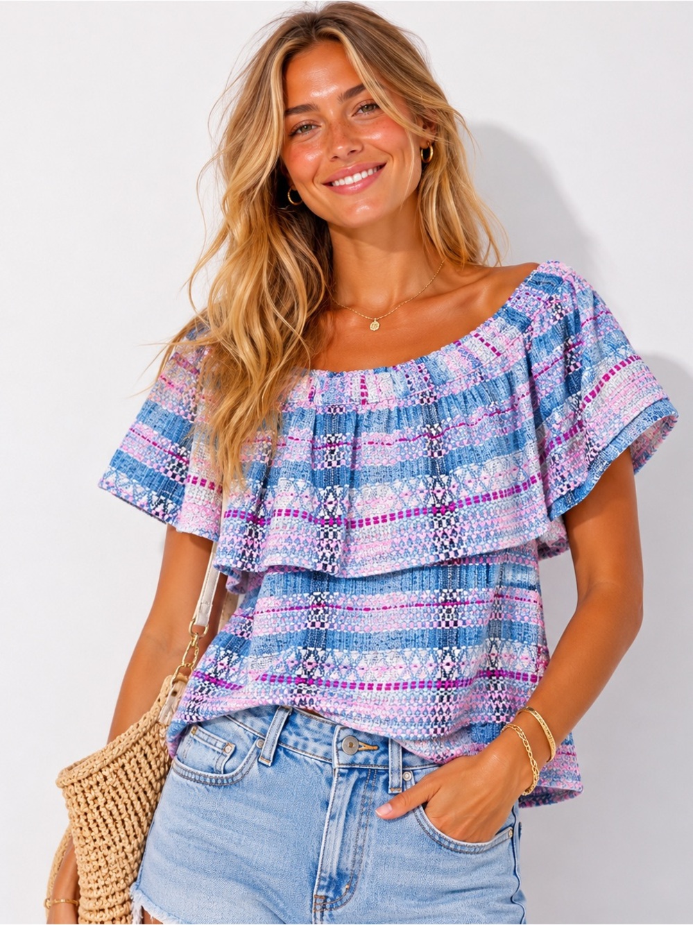 Koch x Anthropologie L Textured Off Shoulder Ruffle Boho Preppy Designer Knit